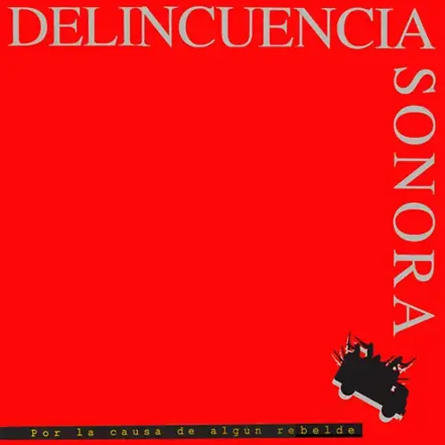 Portada del album Por la Causa de Algún Rebelde. Sbore fondo rojo aparece en la parte inferior, una barra negra sobre la que aparece el título del album, desde la que cae una furgoneta con revolucionarios.. Abre en ventana nueva